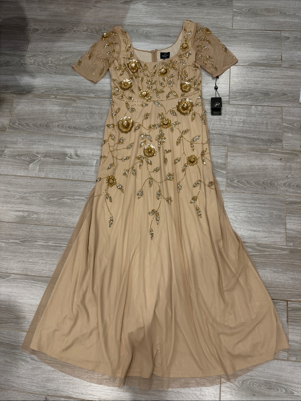 Adriana Papel Embellished Beige gold sequins Floral Evening Dress size 12